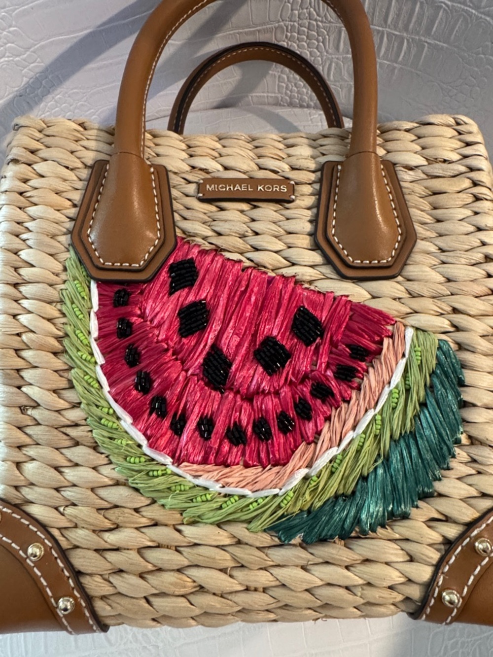 Michael Kors Straw Tote with Pink Watermelon Patch and Brown Leather Trim - Picture 6 of 12